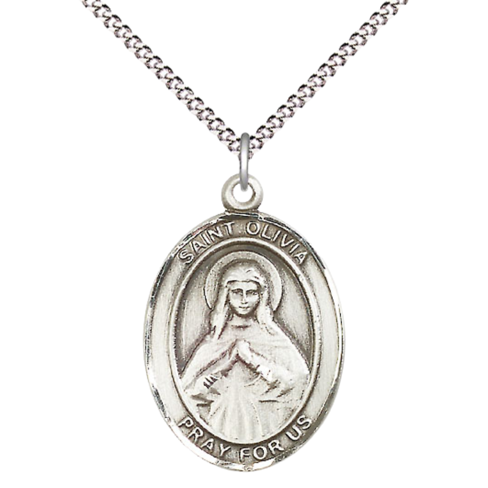 Women's Pewter Saint St. Olivia Medal Pendant on 18 Inch Rhodium Plated Lite Curb Brass Chain with Lobster Claw Clasp, Catholic Religious Necklace - Made in USA- Deluxe Velvet Gift Box