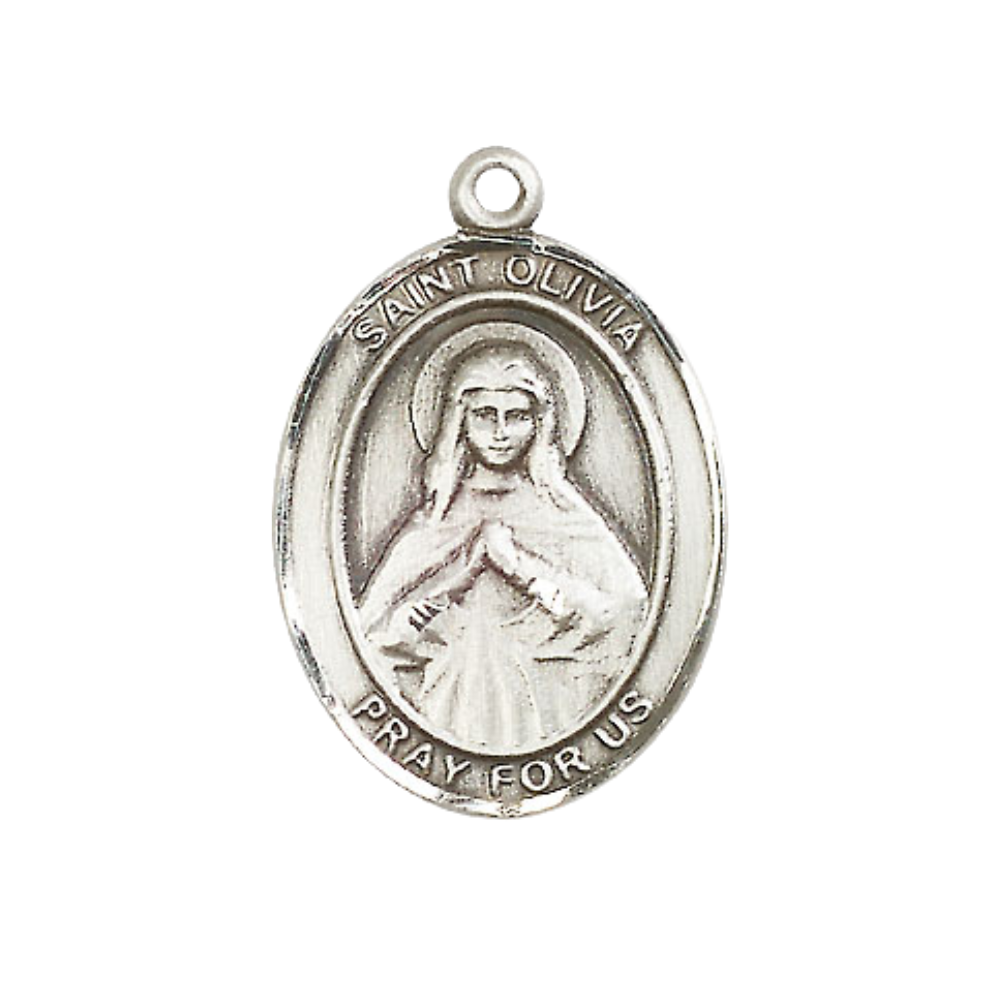 Women's Pewter Saint St. Olivia Medal Pendant on 18 Inch Rhodium Plated Lite Curb Brass Chain with Lobster Claw Clasp, Catholic Religious Necklace - Made in USA- Deluxe Velvet Gift Box