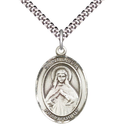 1 x 3/4" Oval Pewter Saint Olivia Medal Pendant on 24 inch Rhodium Plated Heavy Curb Brass Chain with Lobster Claw clasp , Catholic Religious Necklace -Made in USA - Deluxe Velvet Gift Box