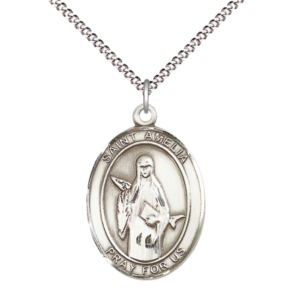 Women's .925 Sterling Silver Saint St. Amelia Medal Pendant on 18 Inch Rhodium Plated Lite Curb Brass Chain with Lobster Claw Clasp, Catholic Religious Necklace - Made in USA- Deluxe Velvet Gift Box