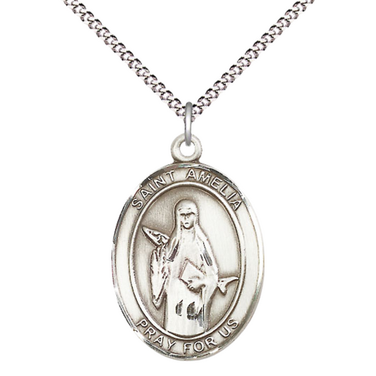 Women's Pewter Saint St. Amelia Medal Pendant on 18 Inch Rhodium Plated Lite Curb Brass Chain with Lobster Claw Clasp, Catholic Religious Necklace - Made in USA- Deluxe Velvet Gift Box