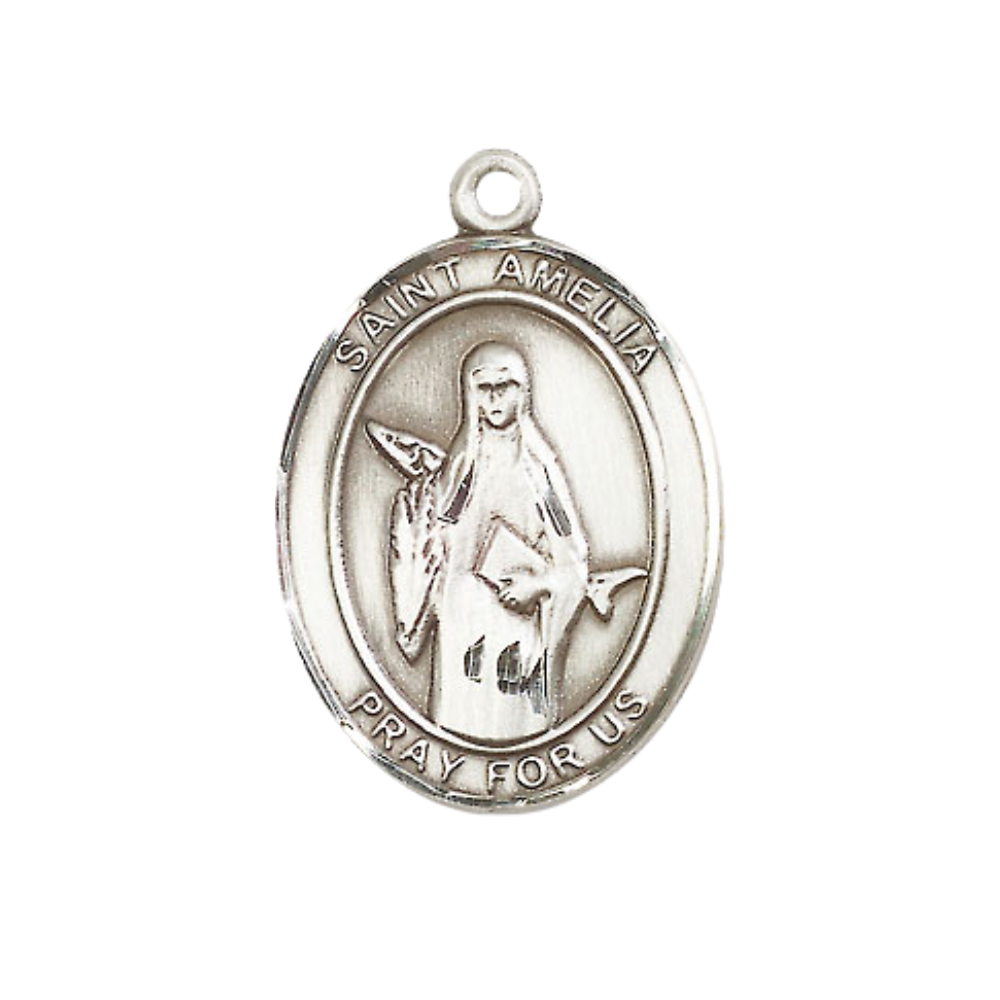 Women's .925 Sterling Silver Saint St. Amelia Medal Pendant on 18 Inch Rhodium Plated Lite Curb Brass Chain with Lobster Claw Clasp, Catholic Religious Necklace - Made in USA- Deluxe Velvet Gift Box