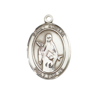 Women's Pewter Saint St. Amelia Medal Pendant on 18 Inch Rhodium Plated Lite Curb Brass Chain with Lobster Claw Clasp, Catholic Religious Necklace - Made in USA- Deluxe Velvet Gift Box