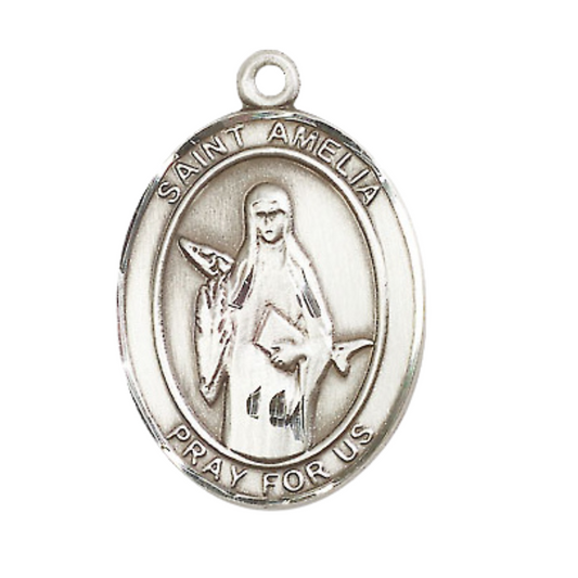 Oval .925 Sterling Silver Saint St. Amelia Medal Pendant on 24 Inch Rhodium Plated Heavy Curb Brass Chain with Lobster Claw clasp, Catholic Religious Necklace - Made in USA- Deluxe Velvet Gift Box