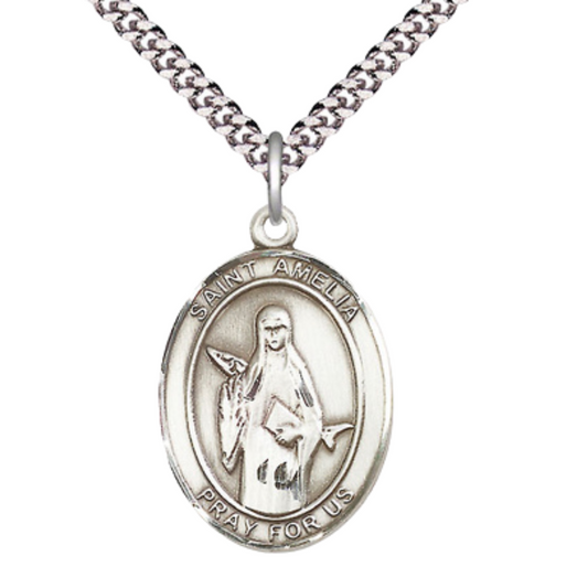 Saint St. Amelia Medal Necklace – Men's Pewter Pendant with 24- Inch Light Rhodium Plated Chain – Patron Saint St. of Arm Pain & Bruises, Catholic Medal – Velvet Gift Box Included