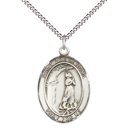 Women's Pewter Saint St. Zoe of Rome Medal Pendant on 18 Inch Rhodium Plated Lite Curb Brass Chain with Lobster Claw Clasp, Catholic Religious Necklace - Made in USA- Deluxe Velvet Gift Box