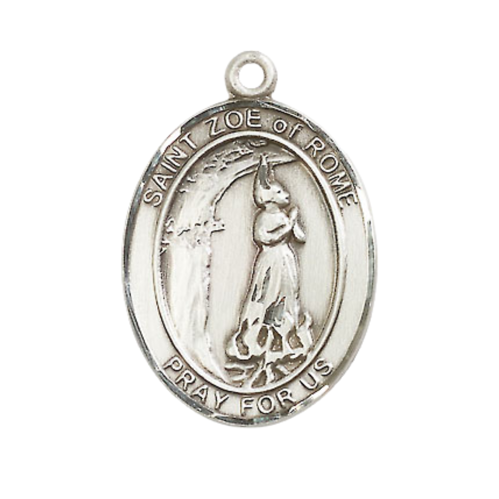 Women's .925 Sterling Silver Saint St. Zoe of Rome Medal Pendant on 18 Inch Rhodium Plated Lite Curb Brass Chain with Lobster Claw Clasp, Catholic Religious Necklace - Made in USA- Deluxe Velvet Gift Box
