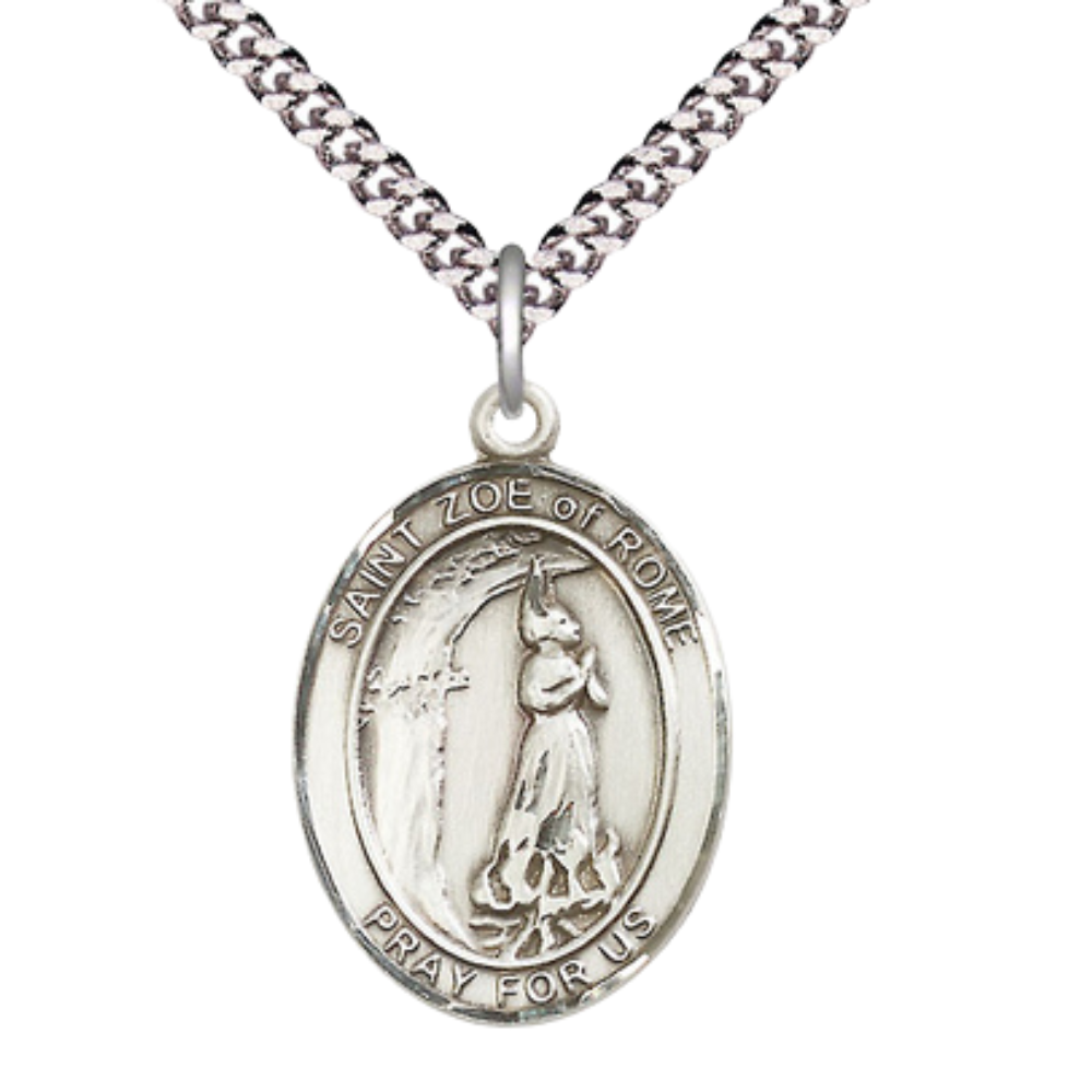 Saint St. Zoe of Rome Medal Necklace – Men's .925 Sterling Silver Pendant with 24- Inch Light Rhodium Plated Heavy Curb Chain, Catholic Medal – Velvet Gift Box Included