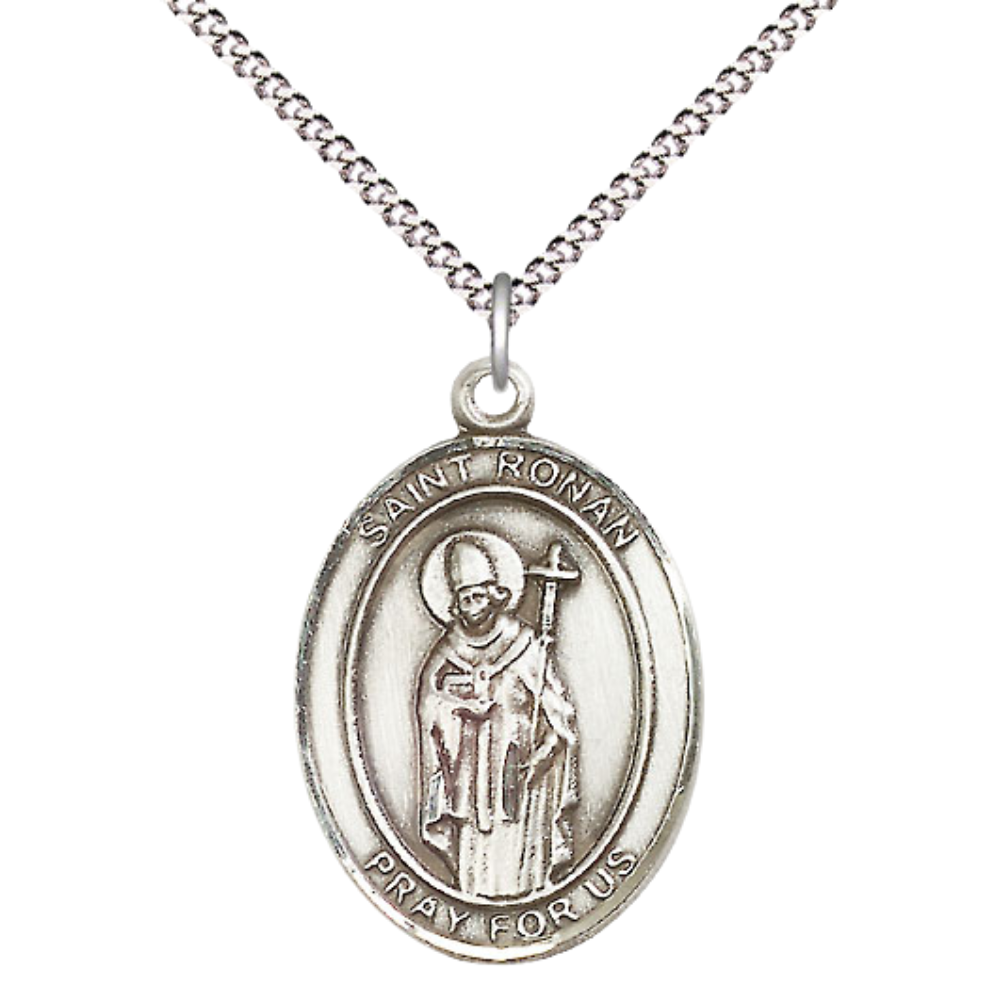 Women's .925 Sterling Silver Saint St. Ronan Medal Pendant on 18 Inch Rhodium Plated Lite Curb Brass Chain with Lobster Claw Clasp, Catholic Religious Necklace - Made in USA- Deluxe Velvet Gift Box
