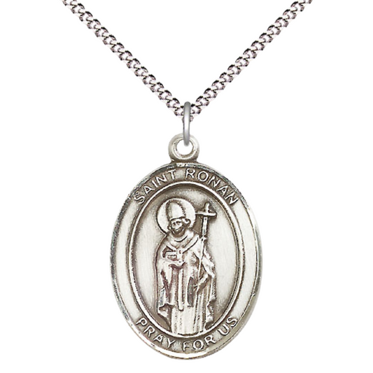 Women's .925 Sterling Silver Saint St. Ronan Medal Pendant on 18 Inch Rhodium Plated Lite Curb Brass Chain with Lobster Claw Clasp, Catholic Religious Necklace - Made in USA- Deluxe Velvet Gift Box