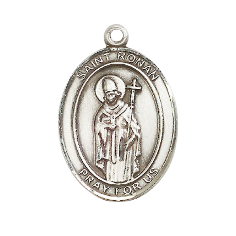 Women's .925 Sterling Silver Saint St. Ronan Medal Pendant on 18 Inch Rhodium Plated Lite Curb Brass Chain with Lobster Claw Clasp, Catholic Religious Necklace - Made in USA- Deluxe Velvet Gift Box