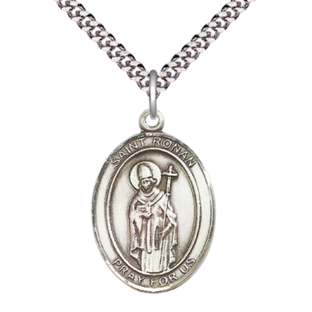 Saint St. Ronan Medal Necklace – Men's Pewter Pendant with 24 - Inch Light Rhodium Plated Chain – Patron Saint St. of Marown Parish, Catholic Medal – Velvet Gift Box Included