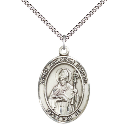 Women's .925 Sterling Silver Saint St. Malachy O'More Medal Pendant on 18 Inch Rhodium Plated Lite Curb Brass Chain with Lobster Claw Clasp, Catholic Religious Necklace - Made in USA- Velvet Gift Box