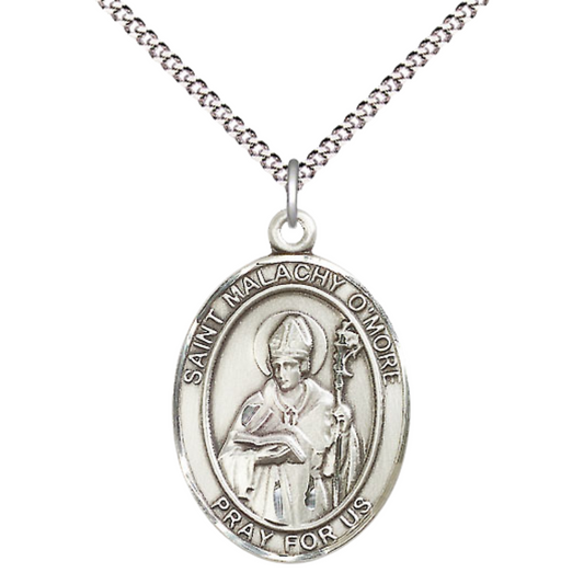 Women's .925 Sterling Silver Saint St. Malachy O'More Medal Pendant on 18 Inch Rhodium Plated Lite Curb Brass Chain with Lobster Claw Clasp, Catholic Religious Necklace - Made in USA- Velvet Gift Box