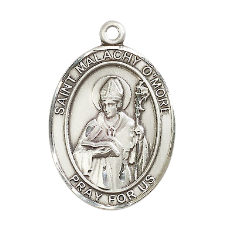 Saint Malachy O'More Medal Necklace – Men's Sterling Silver Pendant with 24-Inch Light Rhodium Plated Heavy Curb Chain – Patron Saint of Ireland – Velvet Gift Box Included