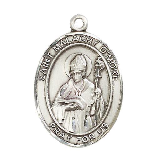 .925 Sterling Silver Saint St. Malachy O'More Medal Pendant on 24 Inch Rhodium Plated Heavy Curb Brass Chain with Lobster Claw clasp, Catholic Religious Necklace - Made in USA- Deluxe Velvet Gift Box