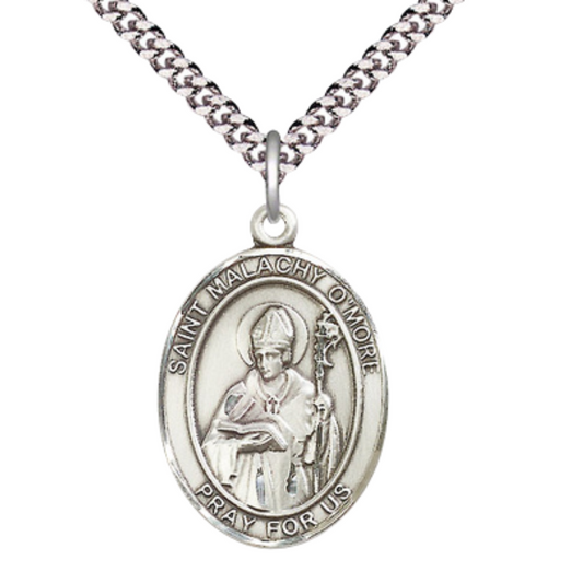 Saint St. Malachy O'More Medal Necklace – Men's Pewter Pendant with 24 - Inch Light Rhodium Plated Chain – Patron Saint St. of Ireland, Catholic Medal – Velvet Gift Box Included