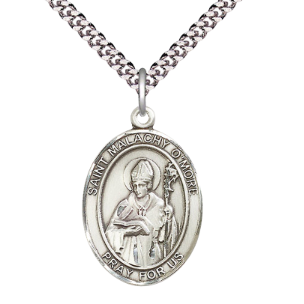 Saint Malachy O'More Medal Necklace – Men's Sterling Silver Pendant with 24-Inch Light Rhodium Plated Heavy Curb Chain – Patron Saint of Ireland – Velvet Gift Box Included