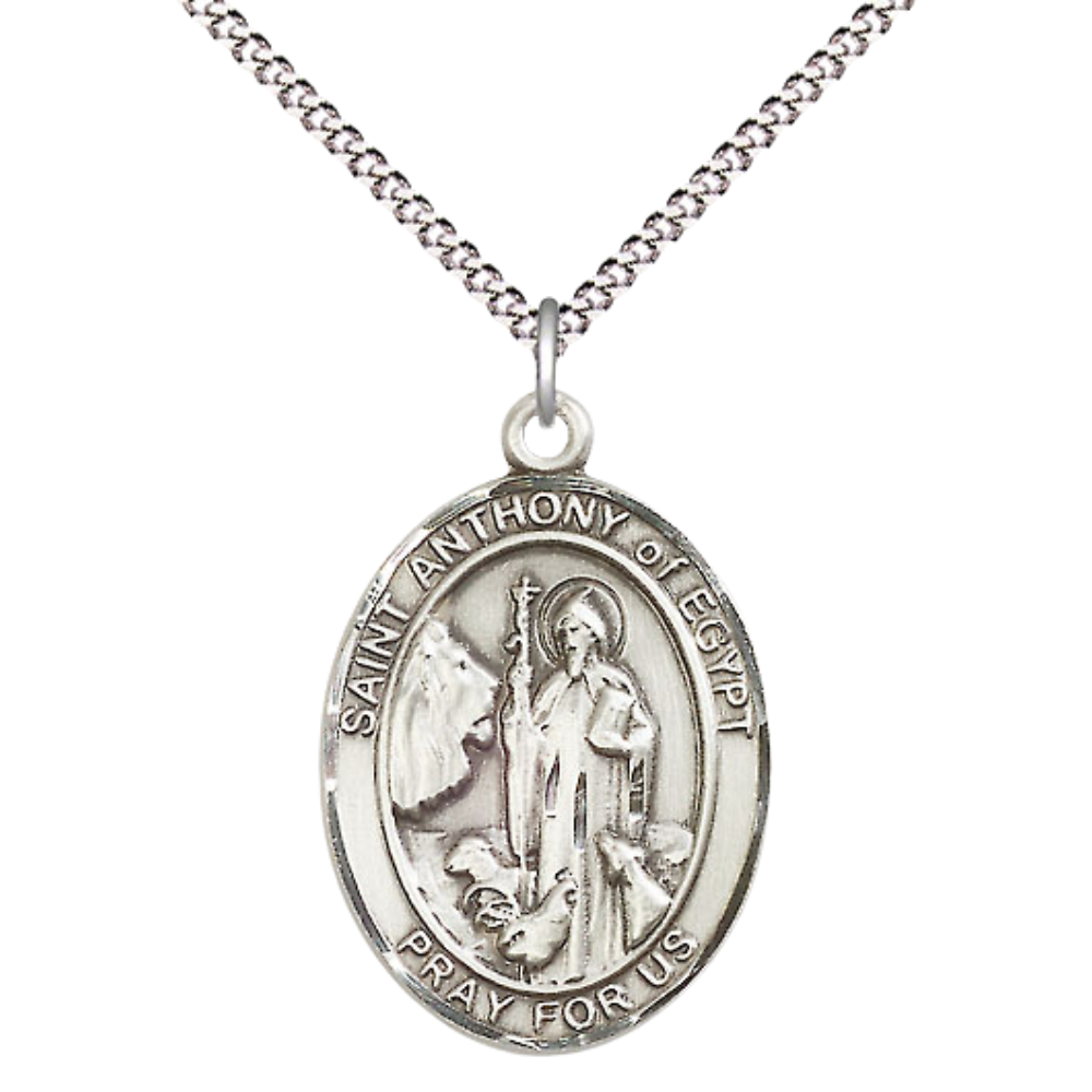 Women's .925 Sterling Silver Saint St. Anthony of Egypt Medal Pendant on 18 Inch Rhodium Plated Lite Curb Brass Chain with Lobster Claw Clasp, Catholic Religious Necklace - Made in USA- Velvet Gift Box