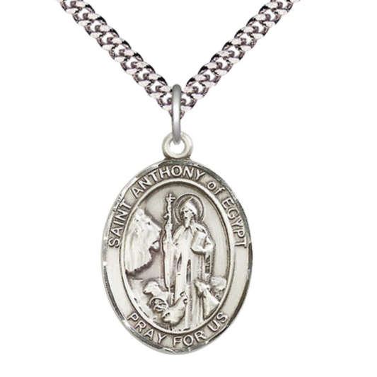 Oval Pewter Saint St. Anthony of Egypt Medal Pendant on 24 inch Rhodium Plated Heavy Curb Brass Chain with Lobster Claw clasp, Catholic Religious Necklace - Made in USA- Deluxe Velvet Gift Box