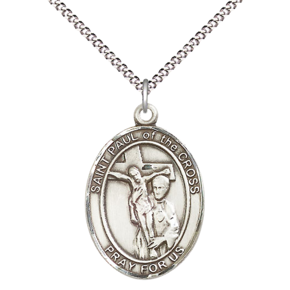 Women's Pewter Saint St. Paul of the Cross Medal Pendant on 18 Inch Rhodium Plated Lite Curb Brass Chain with Lobster Claw Clasp, Catholic Religious Necklace - Made in USA- Deluxe Velvet Gift Box
