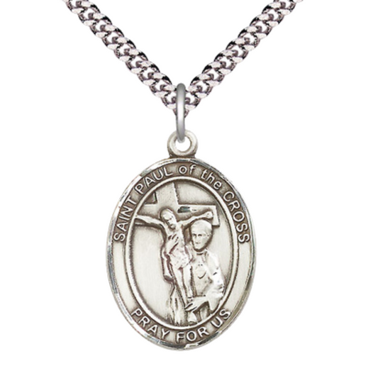 Oval Pewter Saint St. Paul of the Cross Medal Pendant on 24 inch Rhodium Plated Heavy Curb Brass Chain with Lobster Claw clasp, Catholic Religious Necklace - Made in USA - Deluxe Velvet Gift Box