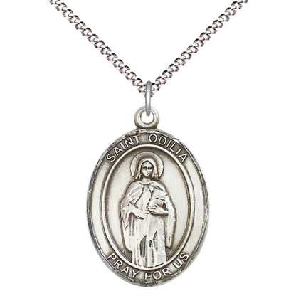 Women's Pewter Saint St. Odilia Medal Pendant on 18 Inch Rhodium Plated Lite Curb Brass Chain with Lobster Claw Clasp, Catholic Religious Necklace - Made in USA- Deluxe Velvet Gift Box