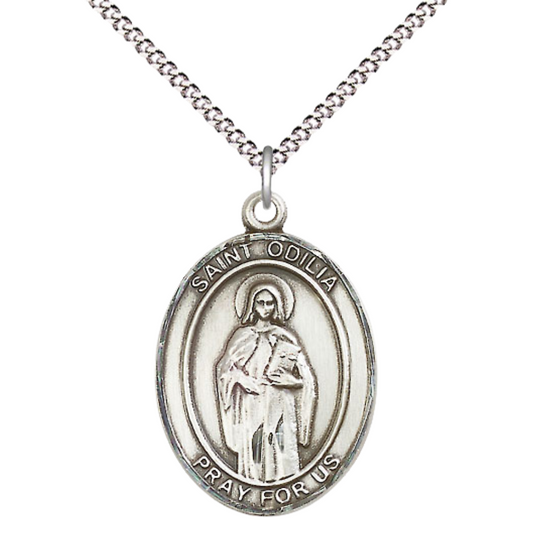 Women's Pewter Saint St. Odilia Medal Pendant on 18 Inch Rhodium Plated Lite Curb Brass Chain with Lobster Claw Clasp, Catholic Religious Necklace - Made in USA- Deluxe Velvet Gift Box