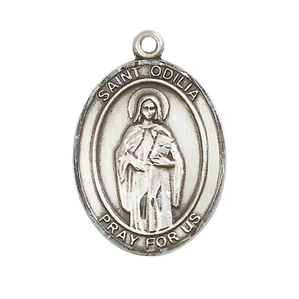 Women's .925 Sterling Silver Saint St. Odilia Medal Pendant on 18 Inch Rhodium Plated Lite Curb Brass Chain with Lobster Claw Clasp, Catholic Religious Necklace - Made in USA- Deluxe Velvet Gift Box
