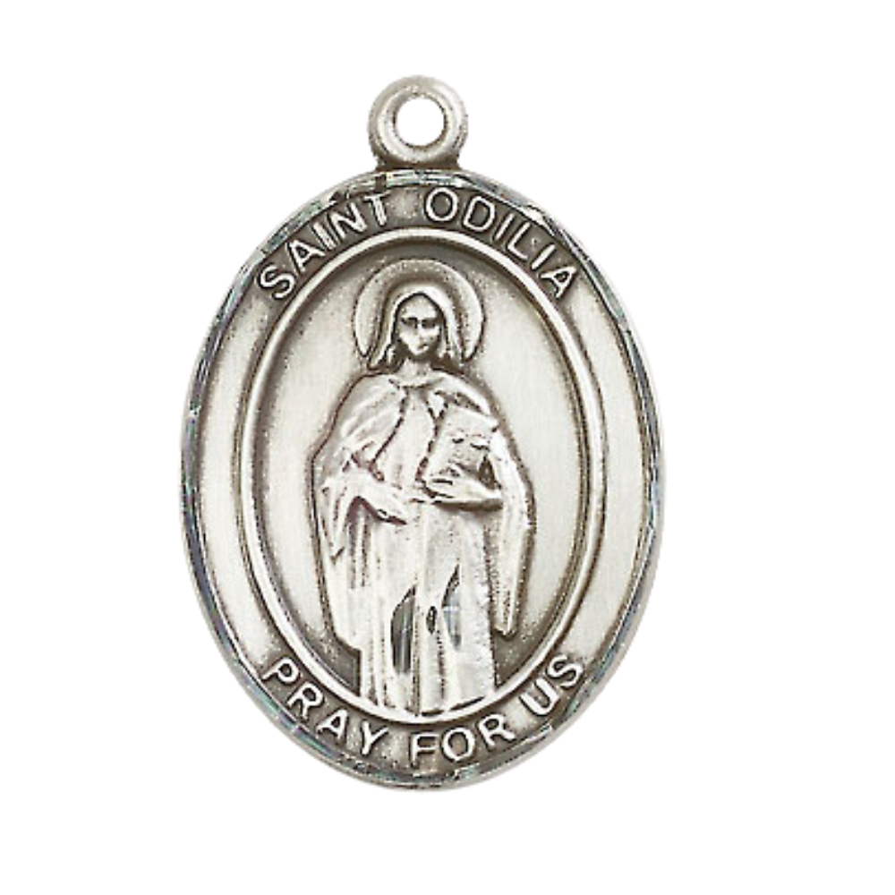 1 x 3/4" Oval Pewter Saint St. Odilia Medal Pendant on 24 inch Rhodium Plated Heavy Curb Brass Chain with Lobster Claw clasp, Catholic Religious Necklace - Made in USA - Deluxe Velvet Gift Box