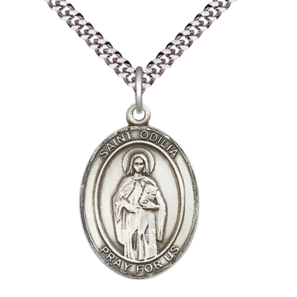 Saint St. Odilia Men's Medal Necklace – Patron Saint St. of Eye Disease & Vision Problems – 24 Inch Endless Light Rhodium Plated Heavy Curb Chain, Catholic Medal – Velvet Gift Box