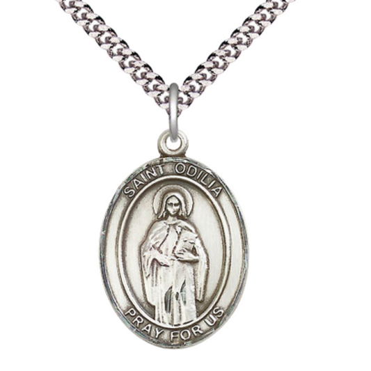 1 x 3/4" Oval Pewter Saint St. Odilia Medal Pendant on 24 inch Rhodium Plated Heavy Curb Brass Chain with Lobster Claw clasp, Catholic Religious Necklace - Made in USA - Deluxe Velvet Gift Box