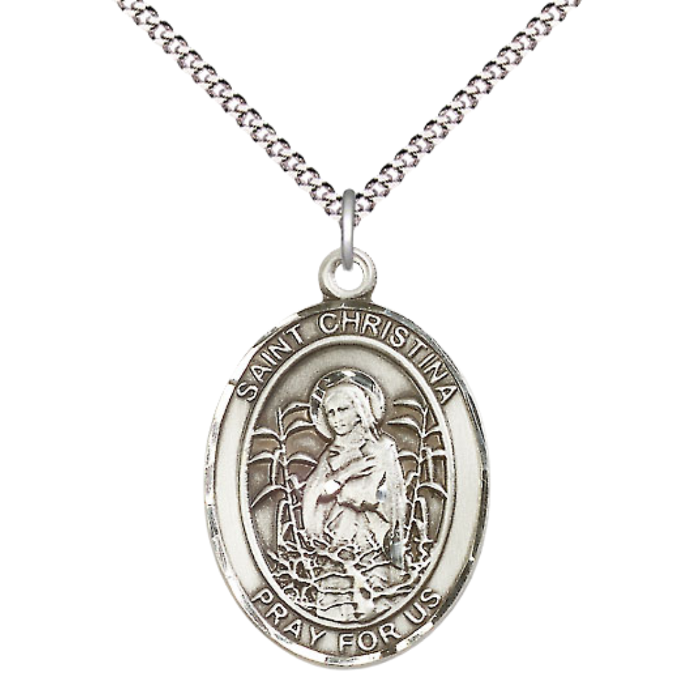 Women's .925 Sterling Silver Saint St. Christina the Astonishing Medal Pendant on 18 Inch Rhodium Plated Lite Curb Brass Chain w/ Lobster Claw Clasp, Catholic Religious Necklace - Made in USA- Velvet Gift Box