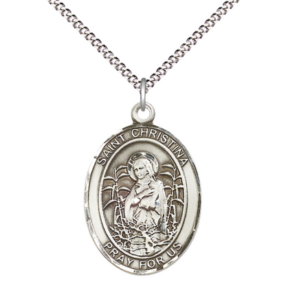 Women's .925 Sterling Silver Saint St. Christina the Astonishing Medal Pendant on 18 Inch Rhodium Plated Lite Curb Brass Chain w/ Lobster Claw Clasp, Catholic Religious Necklace - Made in USA- Velvet Gift Box