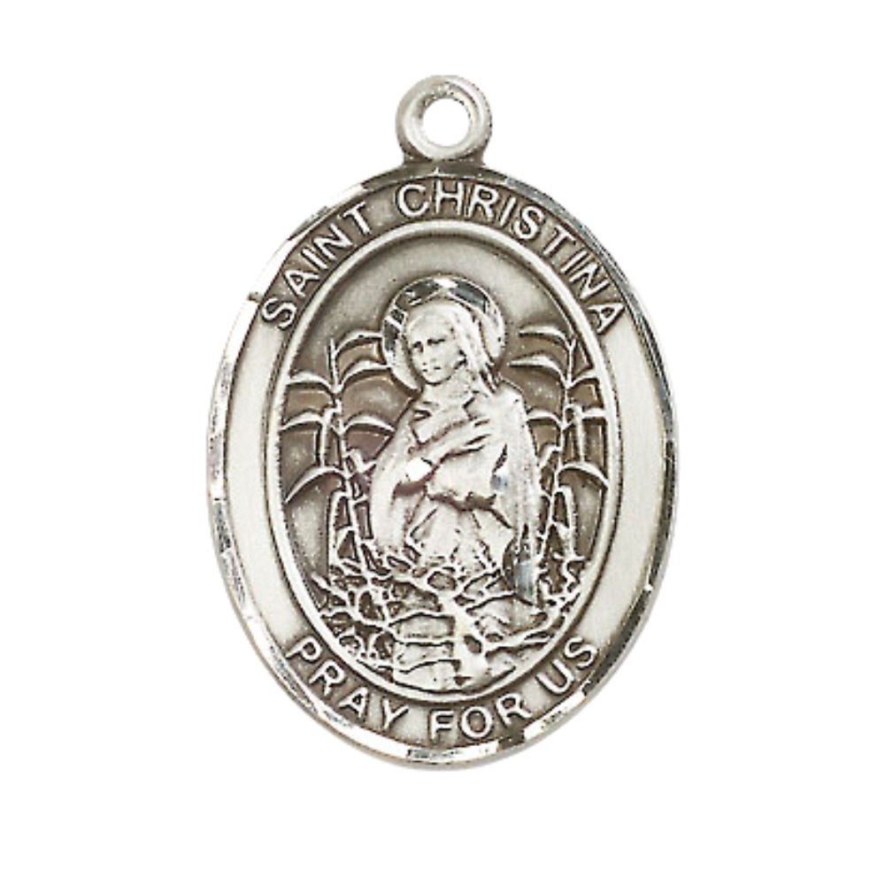 Men's .925 Sterling Silver Saint St. Christina the Astonishing Medal Pendant on 24 Inch Light Rhodium Plated Heavy Curb Brass Chain – Catholic Religious Necklace - Made in USA- – Velvet Gift Box Included