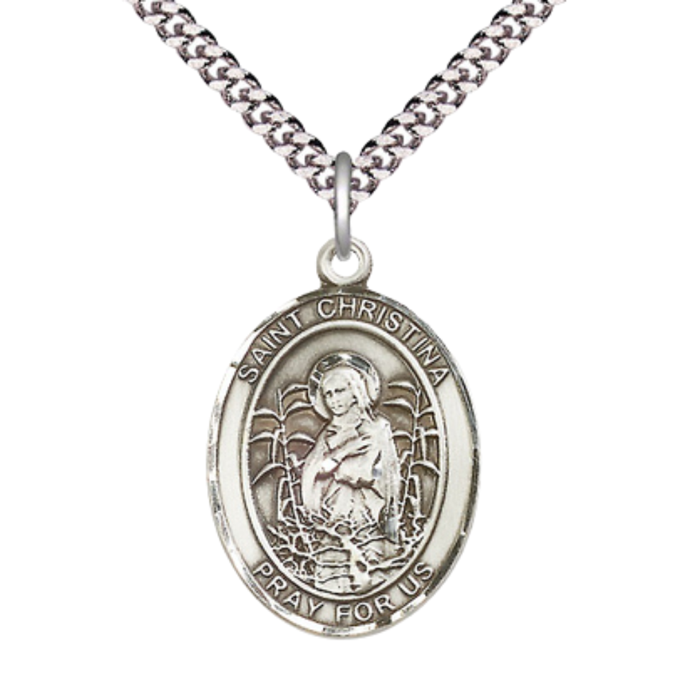 Men's .925 Sterling Silver Saint St. Christina the Astonishing Medal Pendant on 24 Inch Light Rhodium Plated Heavy Curb Brass Chain – Catholic Religious Necklace - Made in USA- – Velvet Gift Box Included