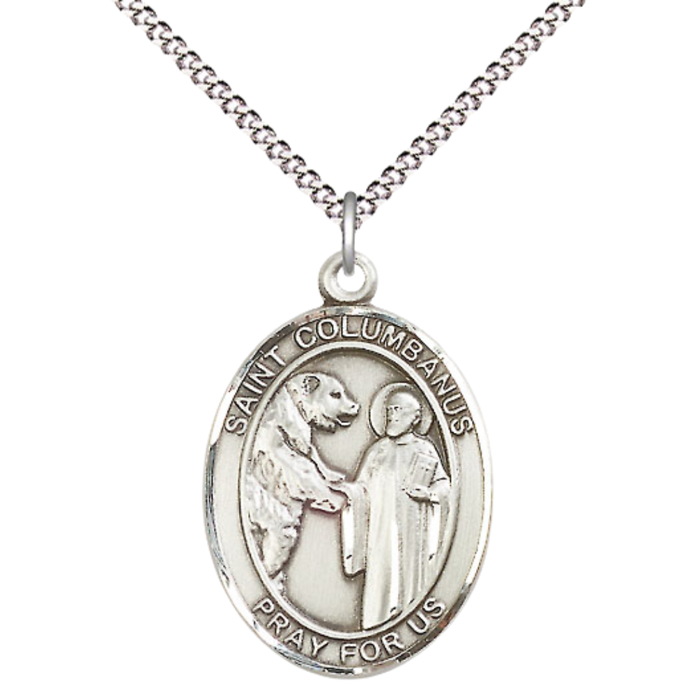 Women's .925 Sterling Silver Saint St. Columbanus Medal Pendant on 18 Inch Rhodium Plated Lite Curb Brass Chain with Lobster Claw Clasp, Catholic Religious Necklace - Made in USA- Deluxe Velvet Gift Box