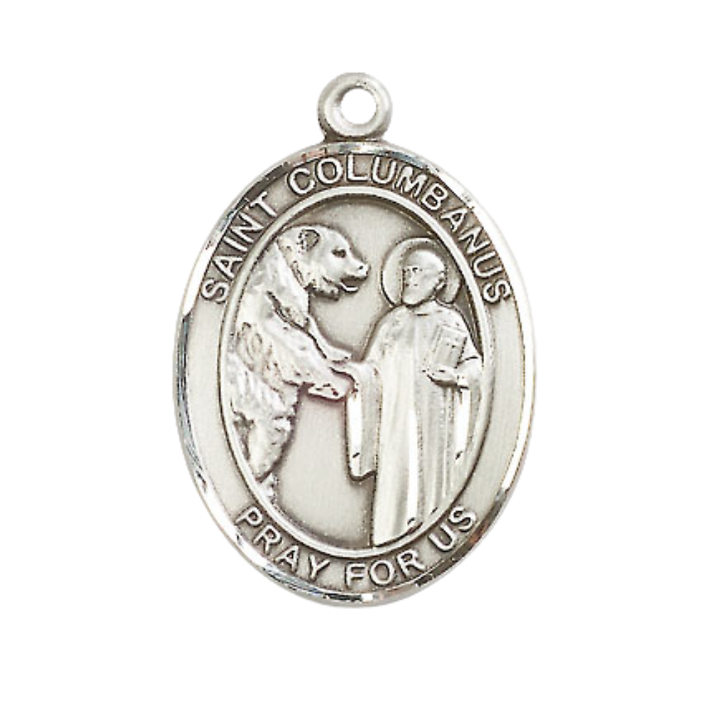 Women's Pewter Saint St. Columbanus Medal Pendant on 18 Inch Rhodium Plated Lite Curb Brass Chain with Lobster Claw Clasp, Catholic Religious Necklace - Made in USA- Deluxe Velvet Gift Box