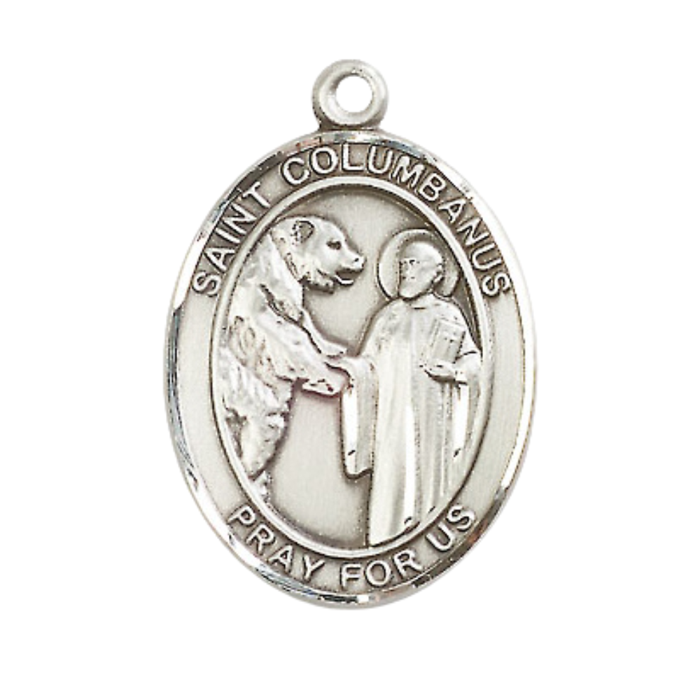 1 x 3/4" Oval Pewter Saint St. Columbanus Medal Pendant on 24 inch Rhodium Plated Heavy Curb Brass Chain with Lobster Claw clasp, Catholic Religious Necklace - Made in USA- Deluxe Velvet Gift Box
