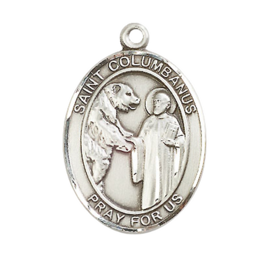 .925 Sterling Silver Saint St. Columbanus Medal Pendant on 24 inch Rhodium Plated Heavy Curb Brass Chain with Lobster Claw clasp, Catholic Religious Necklace - Made in USA- Deluxe Velvet Gift Box