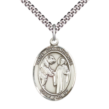 1 x 3/4" Oval Pewter Saint St. Columbanus Medal Pendant on 24 inch Rhodium Plated Heavy Curb Brass Chain with Lobster Claw clasp, Catholic Religious Necklace - Made in USA- Deluxe Velvet Gift Box