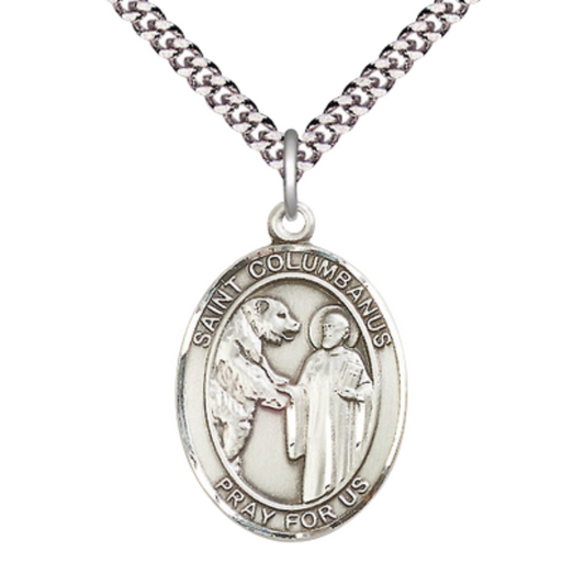 Saint St. Columbanus Medal Necklace– Men's .925 Sterling Silver Pendant on 24 Inch Light Rhodium Plated Heavy Curb Chain – Catholic Patron Saint St. of Motorcyclists – Velvet Gift Box Included