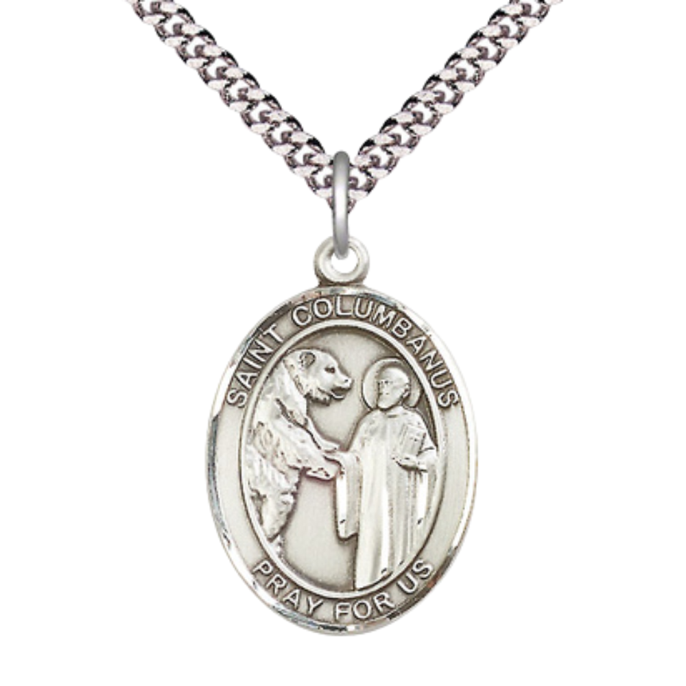 Saint St. Columbanus Medal Necklace– Men's Pewter Pendant on 24 Inch Light Rhodium Plated Chain – Catholic Patron Saint St. of Motorcyclists – Velvet Gift Box Included