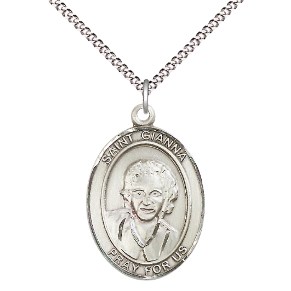 Women's .925 Sterling Silver Saint St. Gianna Medal Pendant on 18 Inch Rhodium Plated Lite Curb Brass Chain with Lobster Claw Clasp, Catholic Religious Necklace - Made in USA- Deluxe Velvet Gift Box