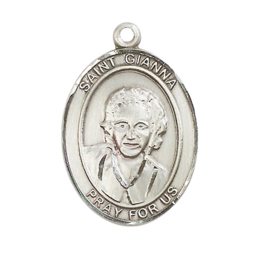 Oval .925 Sterling Silver Saint Gianna Medal Pendant on 24" Rhodium Plated Heavy Curb Brass Chain with Lobster Claw clasp, Catholic Religious Necklace -Made in USA- Deluxe Velvet Gift Box