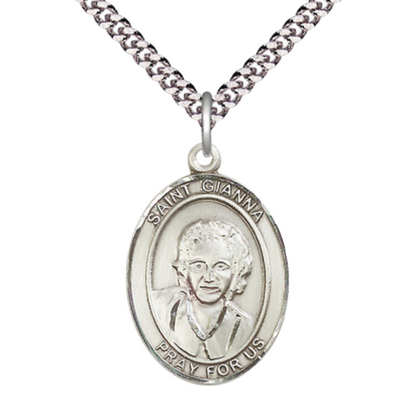 1 x 3/4" Oval Pewter Saint Gianna Medal Pendant on 24 inch Rhodium Plated Heavy Curb Brass Chain with Lobster Claw clasp, Catholic Religious Necklace -Made in USA- Deluxe Velvet Gift Box