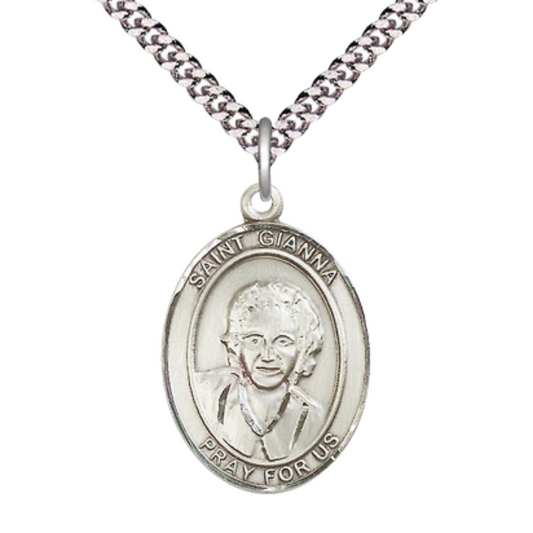 1 x 3/4" Oval Pewter Saint Gianna Medal Pendant on 24 inch Rhodium Plated Heavy Curb Brass Chain with Lobster Claw clasp, Catholic Religious Necklace -Made in USA- Deluxe Velvet Gift Box
