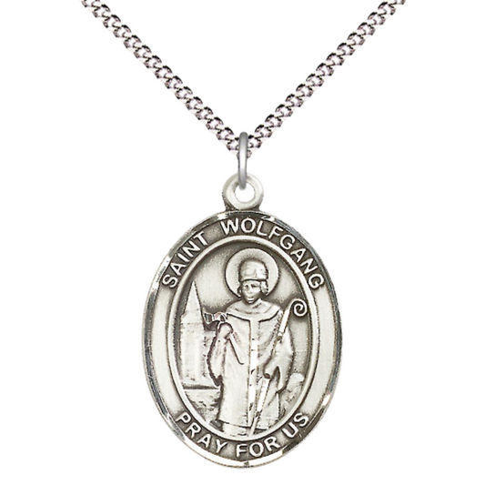 Women's .925 Sterling Silver Saint St. Wolfgang Medal Pendant on 18 Inch Rhodium Plated Lite Curb Brass Chain with Lobster Claw Clasp, Catholic Religious Necklace - Made in USA- Deluxe Velvet Gift Box