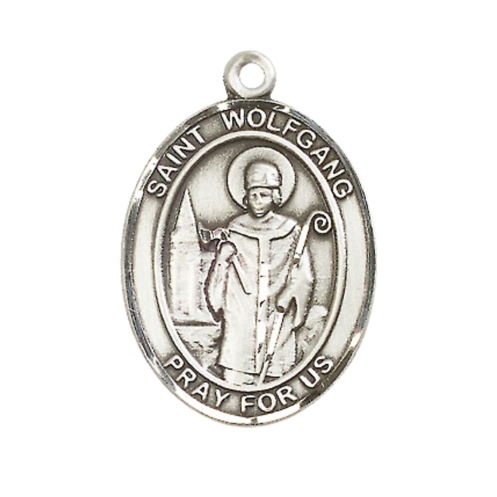 Women's .925 Sterling Silver Saint St. Wolfgang Medal Pendant on 18 Inch Rhodium Plated Lite Curb Brass Chain with Lobster Claw Clasp, Catholic Religious Necklace - Made in USA- Deluxe Velvet Gift Box