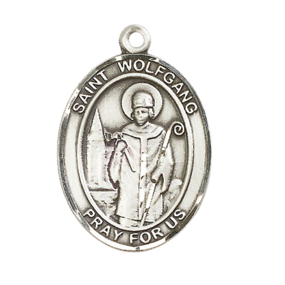 1 x 3/4" Oval Pewter Saint St. Wolfgang Medal Pendant on 24 inch Rhodium Plated Heavy Curb Brass Chain with Lobster Claw clasp, Catholic Religious Necklace - Made in USA - Deluxe Velvet Gift Box